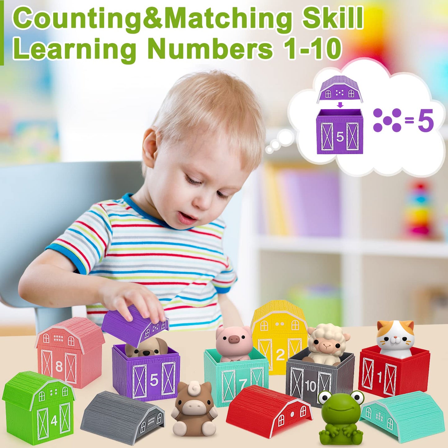 Learning Toys for Toddlers Ages 1-3 – 20 Pcs Farm Animal Montessori Counting, Sorting & Matching Fine Motor Games, Gifts for Boys & Girls 12-18m+