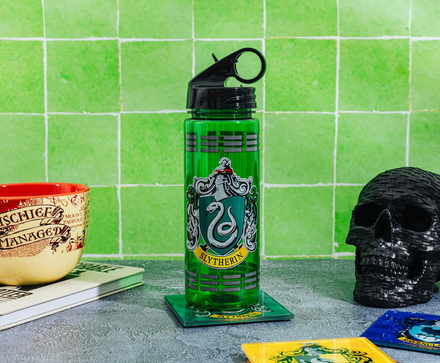 Silver Buffalo Harry Potter Movie 1-8 Slytherin Crest with Dashes Tritan Water Bottle, 20 Ounces