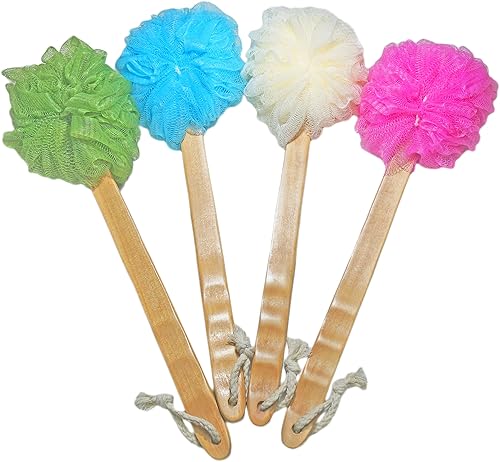 4 Pack Shower Loofah Body & Back Scrubber - Exfoliating Loofah luffa loofa Bath Brush On a Stick - with Long Wooden Handle Back Brush for Men & Women