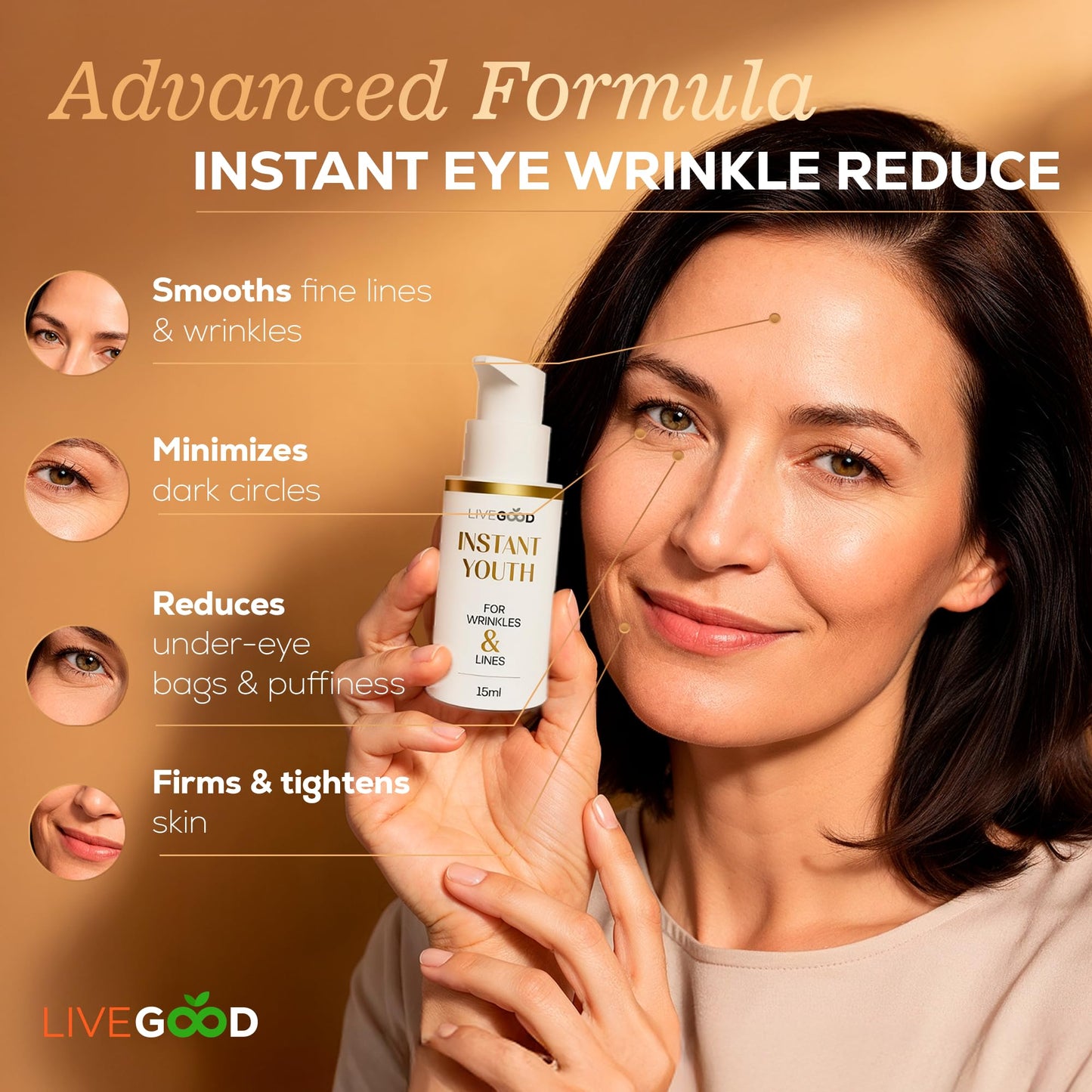 LIVEGOOD Instant Youth Wrinkle Reducer, Face and Eye Smoothing Cream for Fine Lines and Puffiness, Fast-Absorbing Silicate Formula for Temporary