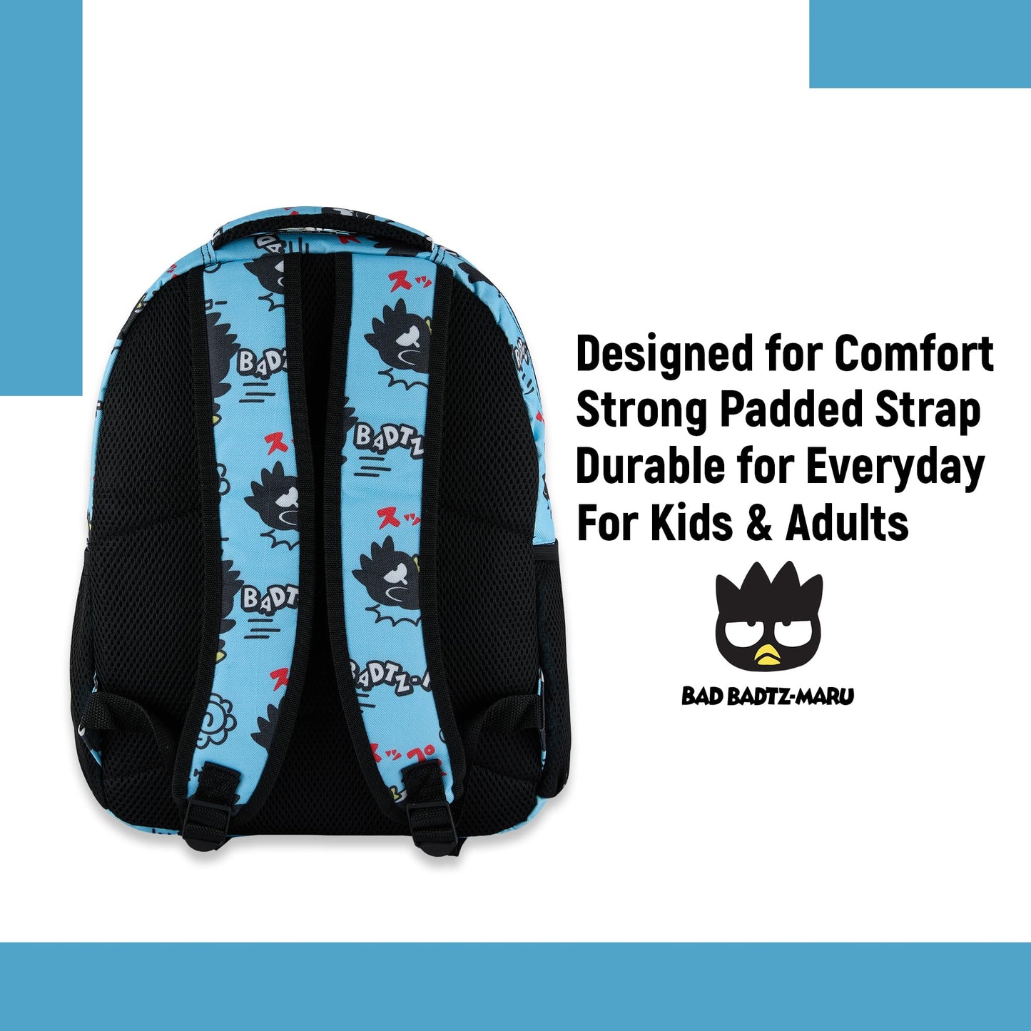 Hello Kitty Allover School Backpack - My Melody, Kuromi, Keroppi, Badtz-Maru - Backpack for Boys, Girls, Women - Official Character School Bookbag (Badtz Maru Blue)