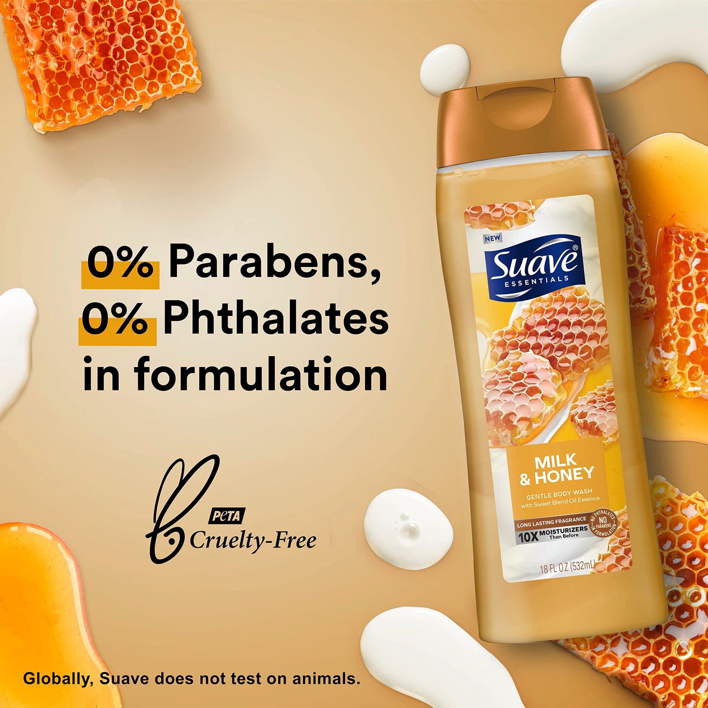 Suave Essentials Gentle Body Wash, With a Sweet Oil Blend Essence, Milk & Honey Infused with Vitamin E & Honey Extract 18 oz