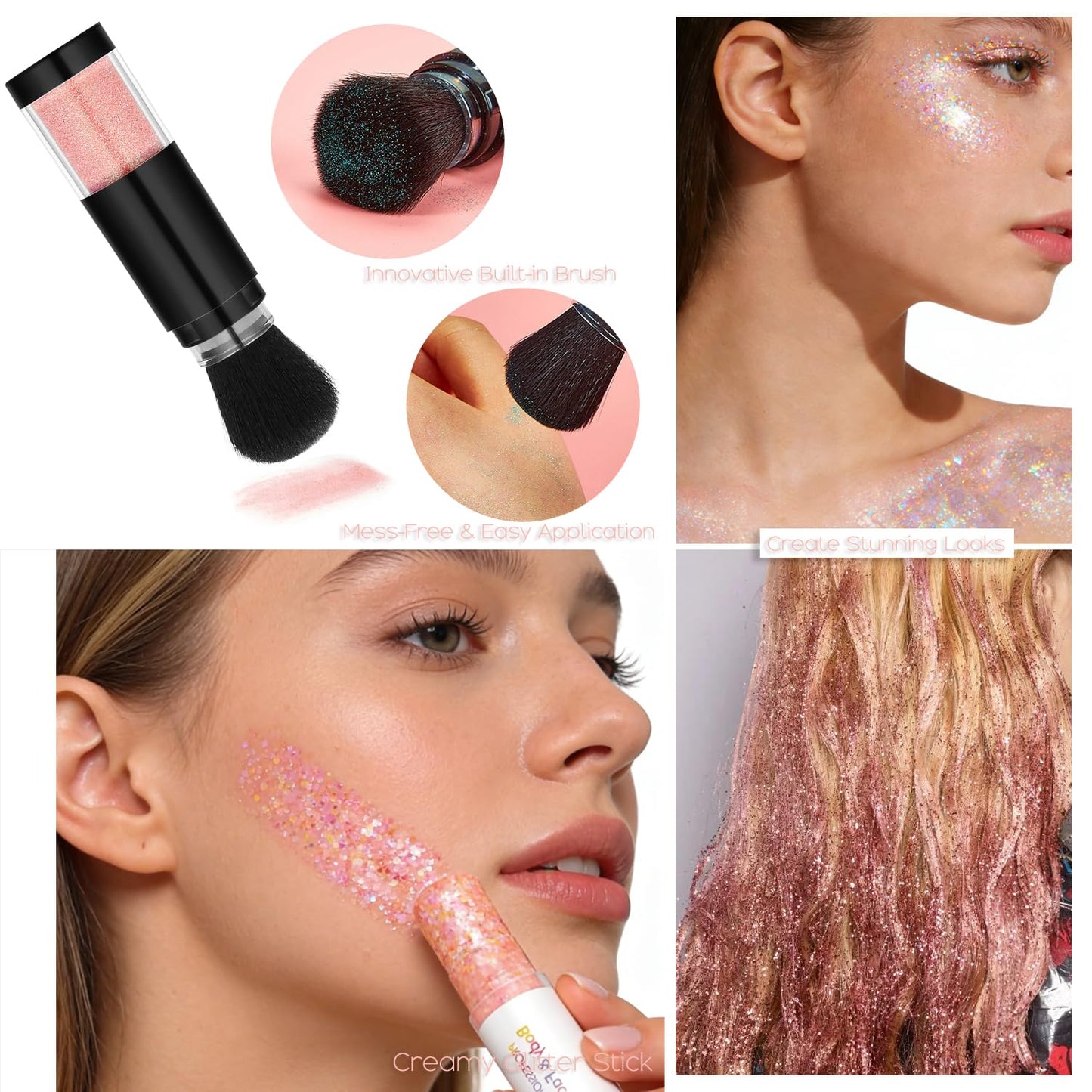 Holographic Mermaid Glitter Makeup Kit: 2-in-1 Body & Face Stick & Loose Powder with Built-in Brush for Festival, Rave, Concert, Carnival | Shimmery