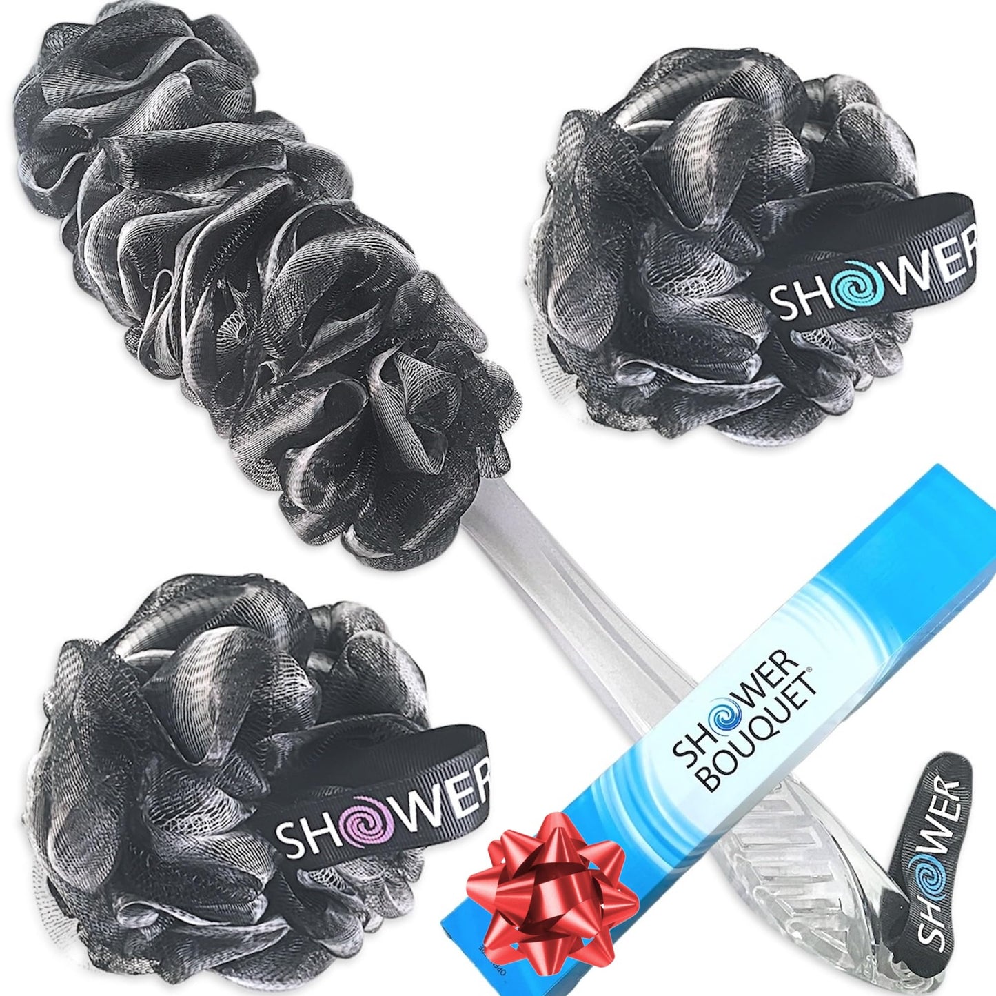 SHOWER BOUQUET Loofah-Charcoal Back-Scrubber & Bath-Sponge Set // 1 Long-Handle-Back-Brush Plus 2 Extra Large 75g Soft Mesh Loofa-Lufa-Loufa Puff