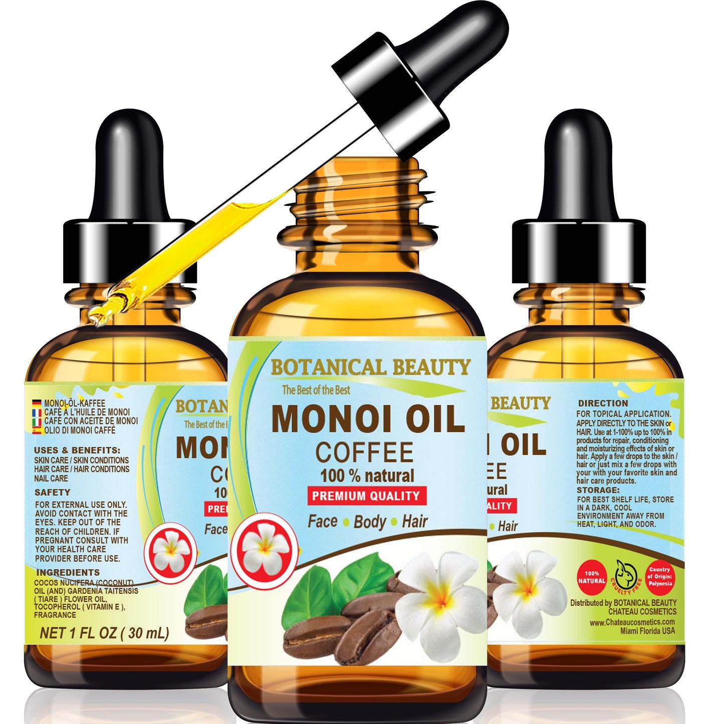 Botanical Beauty MONOI OIL COFFEE. Frangipani flowers in Coconut Oil with Coffee aroma. 100% Natural Pure for FACE, SKIN, BODY, HAIR, NAILS. Luxury