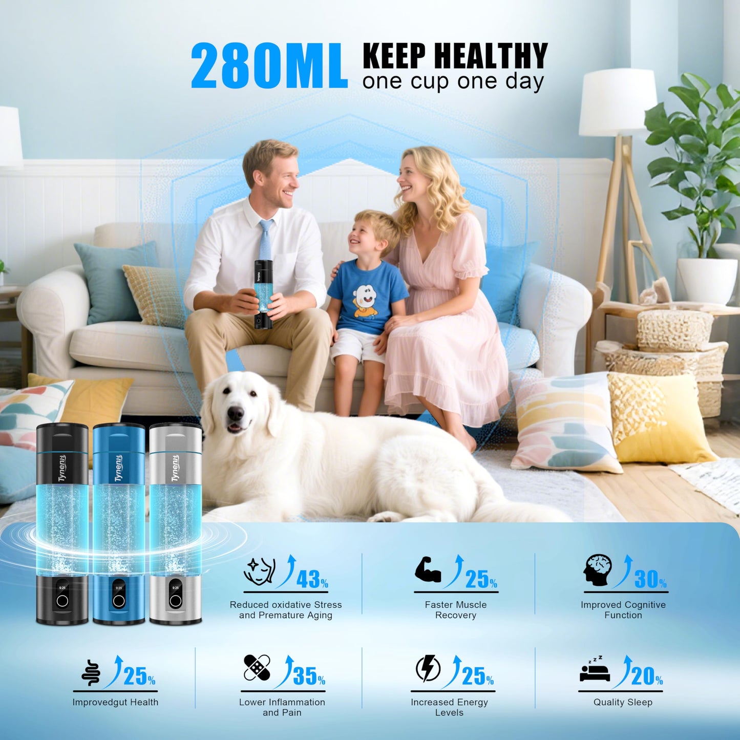 Portable Hydrogen Water Bottle Generator: 280ML Water lonizer Machine with 5800PPB+,SPE/PEM Technology,5/10min,Rechargeable Aquahealth Hydrogen