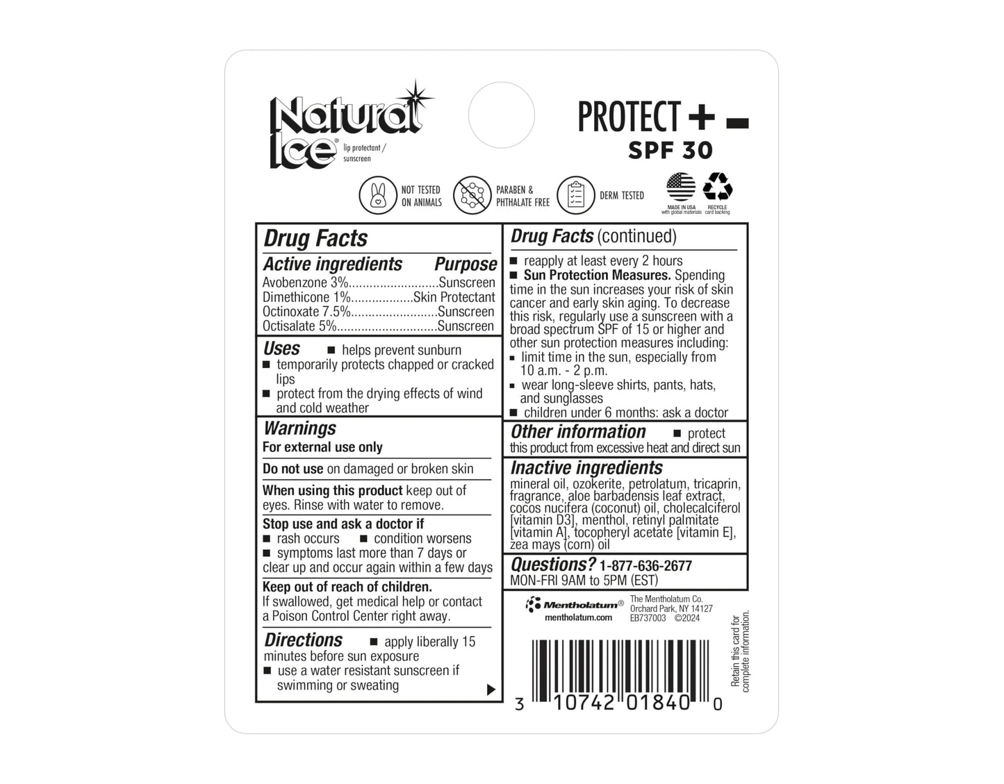 Mentholatum Natural Ice Protect+ Broad Spectrum SPF 30 Medicated Lip Balm, 0.15 Ounce (Pack of 5)