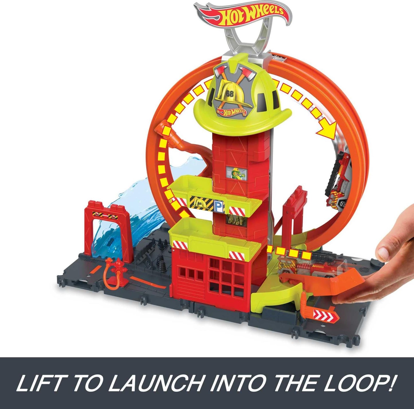 Hot Wheels City with 1 Toy Car, Kid-Powered Elevator, Water-Like Ramp, Track-Play Features, Connects to Other Sets, Fire Station with Super Loop…