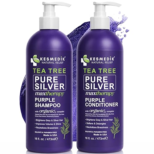 KESMEDIK Tea Tree Purple Shampoo & Conditioner Set with Rosemary & Aloe, Professional Anti Brass Toner, Removes Yellow Tones for Gray, Bleached, White