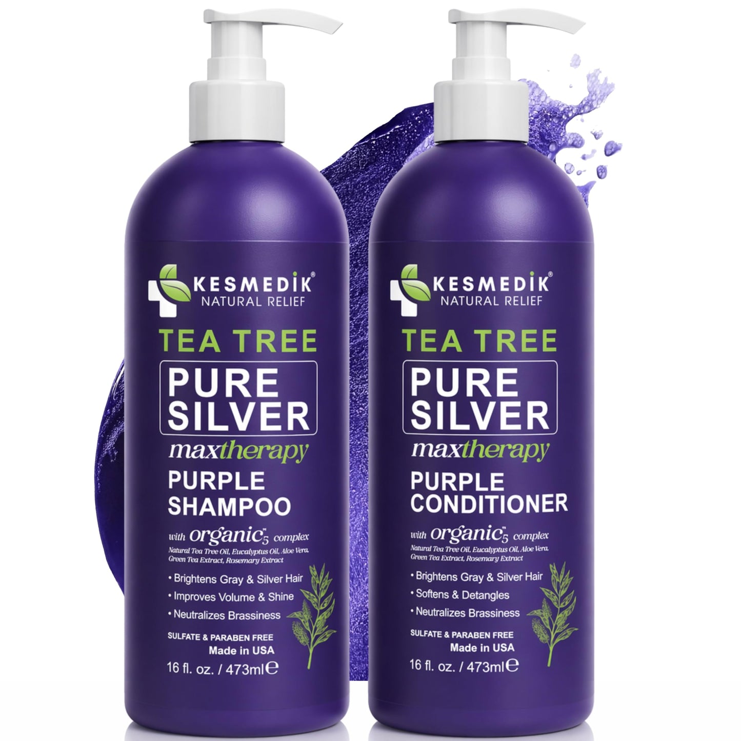 KESMEDIK Tea Tree Purple Shampoo & Conditioner Set with Rosemary & Aloe, Professional Anti Brass Toner, Removes Yellow Tones for Gray, Bleached, White