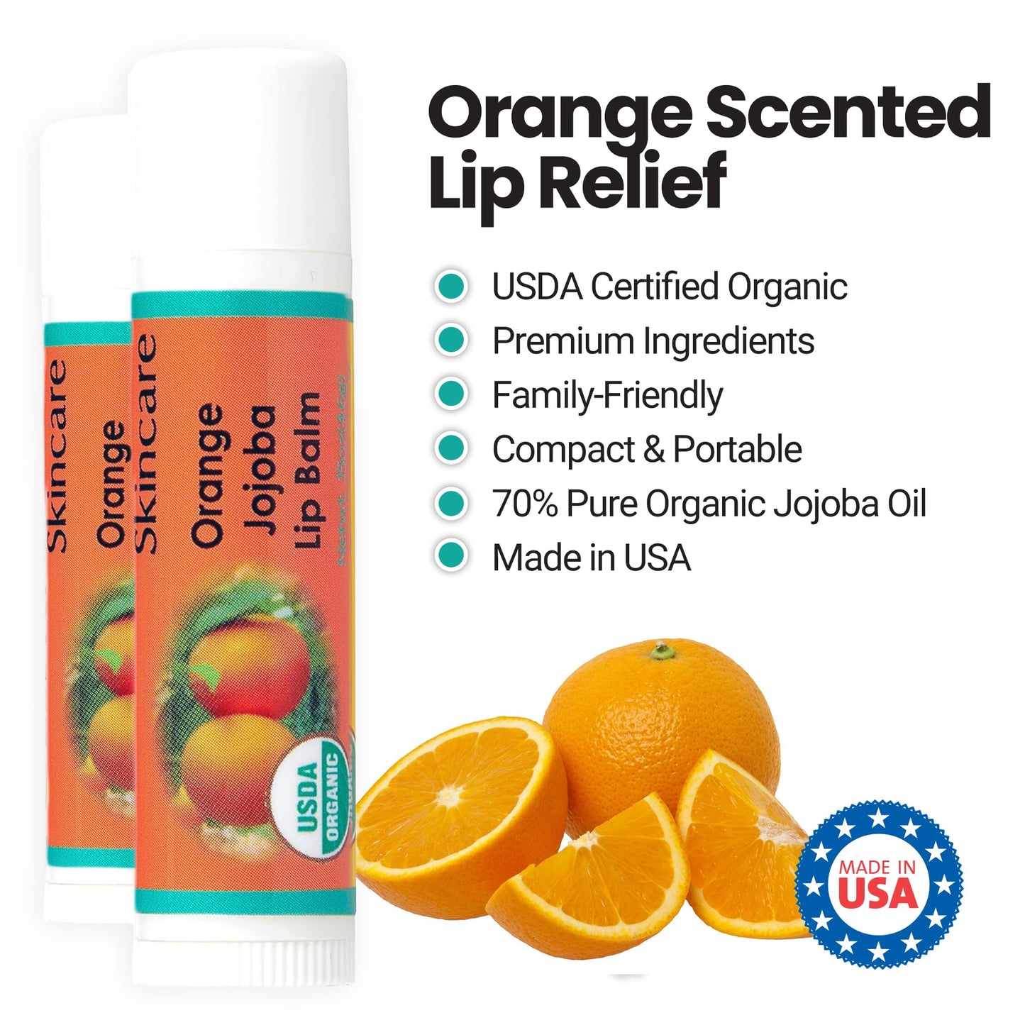 Desert Oasis Skincare | USDA Organic Orange Lip Balm - 70% Jojoba Oil with Beeswax - Natural Orange Essential Oil - Nourishes & Softens Dry Lips