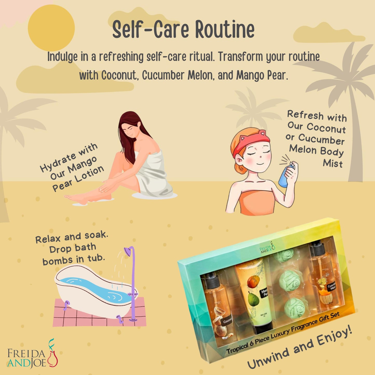 Fine Fragrance Body Mist & Body Splash Gift Set - Luxury Self-Care Combo for Women and Girls (Coconut, Cucumber, Mango Pear w/ Bath Fizzer, Bath Bomb)