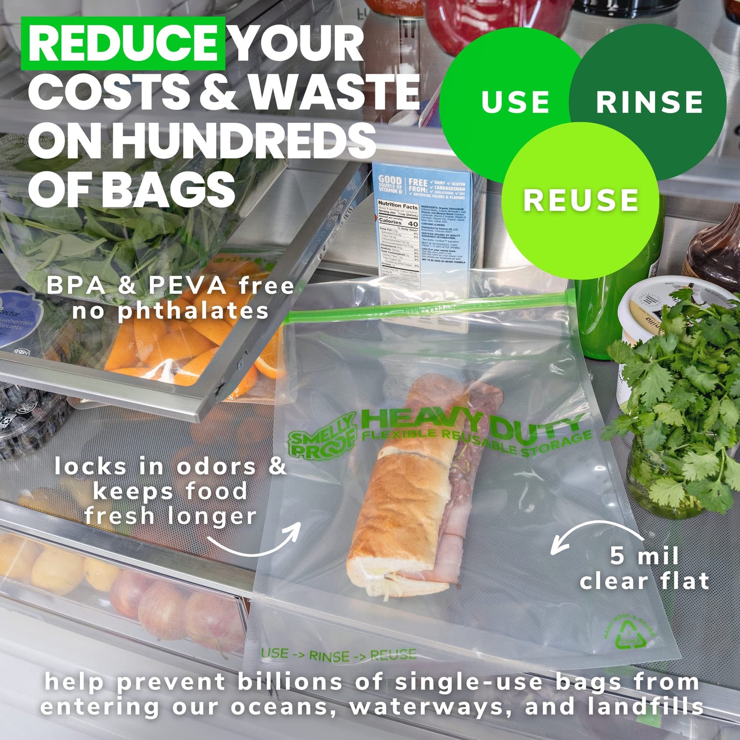 Smelly Proof REUSABLE STORAGE BAGS, Extra Large HEAVY DUTY 5-mils US-Made, BPA FREE, NO PEVA, Dishwasher-Safe Reusable Freezer Bags Triple Zip CLEAR…