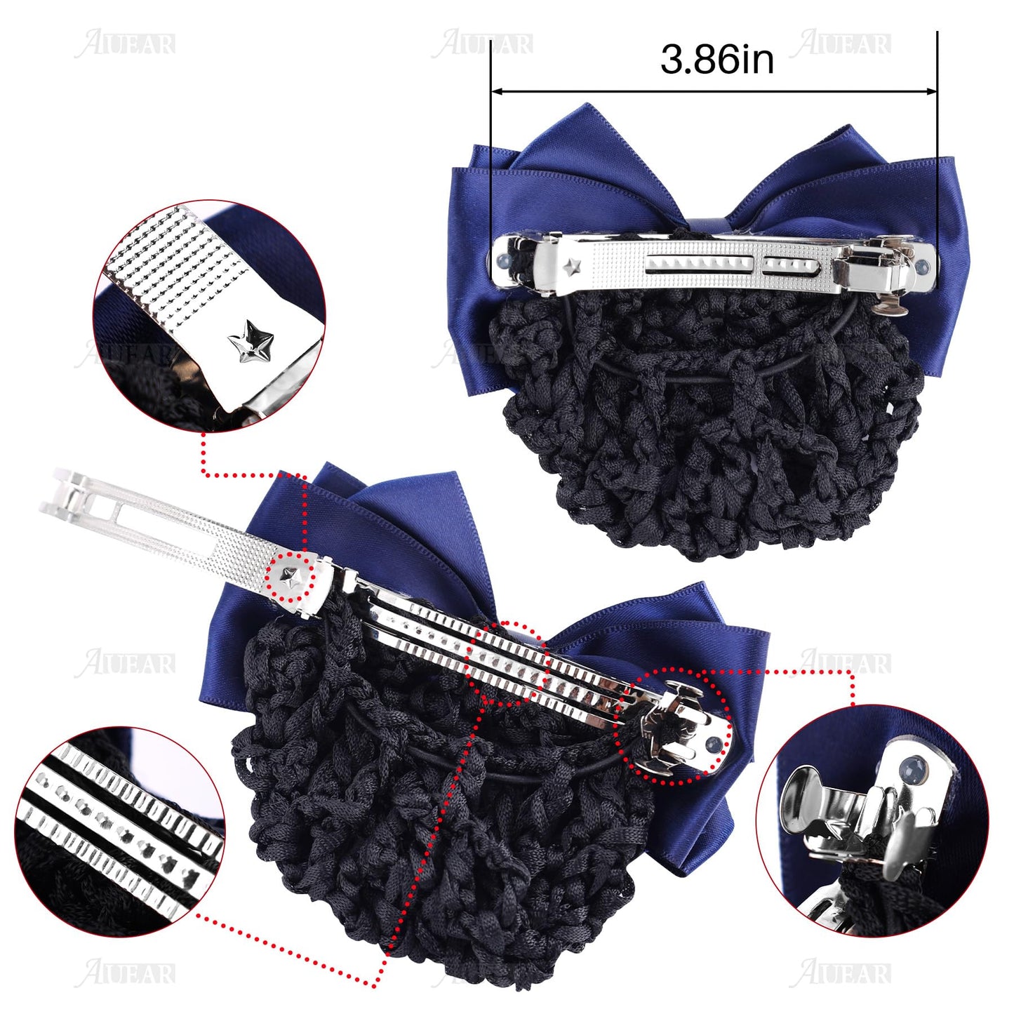 AUEAR, 4 Pcs Satin Hair Bow with Snood Net Barrette Bowknot Clip Bun Cover Hairnets for Women
