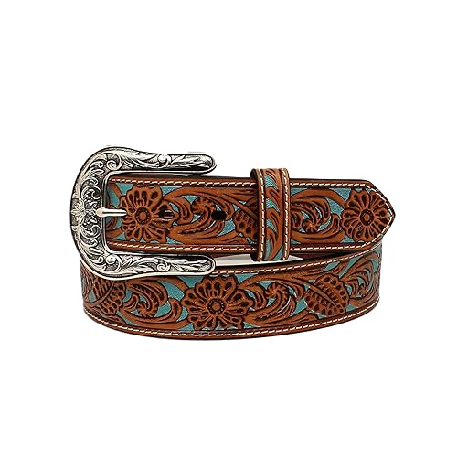 ARIAT Women's Floral Pierced Leather Turquoise Underlay Belt, Tan, Medium