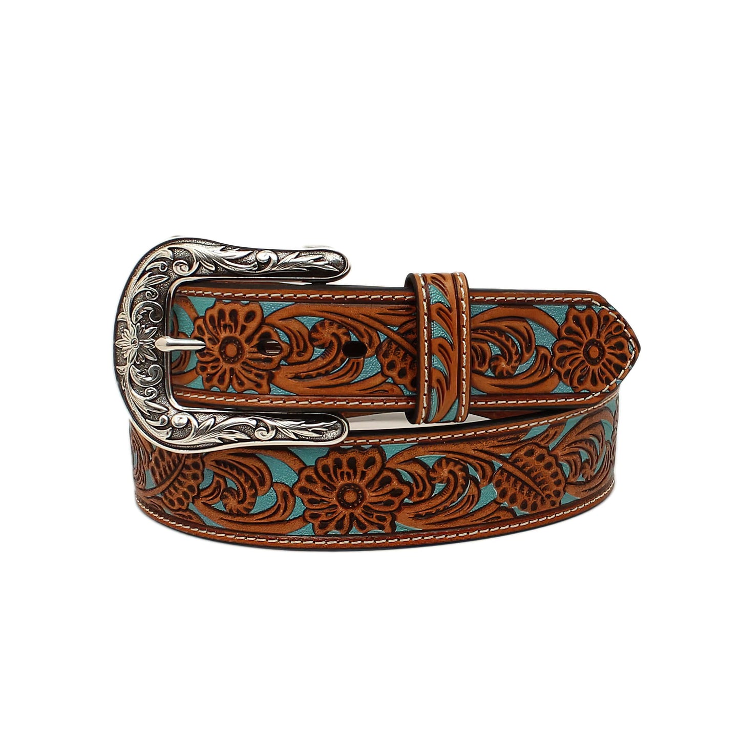 ARIAT Women's Floral Pierced Leather Turquoise Underlay Belt, Tan, Medium