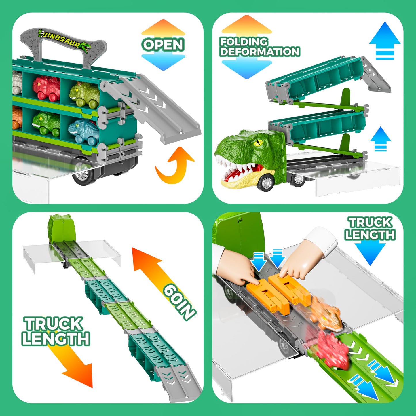 13-in-1 Dinosaur Toys Car Set – Transport Truck with Foldable Track & Race Mode, Includes 6 Dino Cars & 6 Race Cars for Kids Ages 3–6+