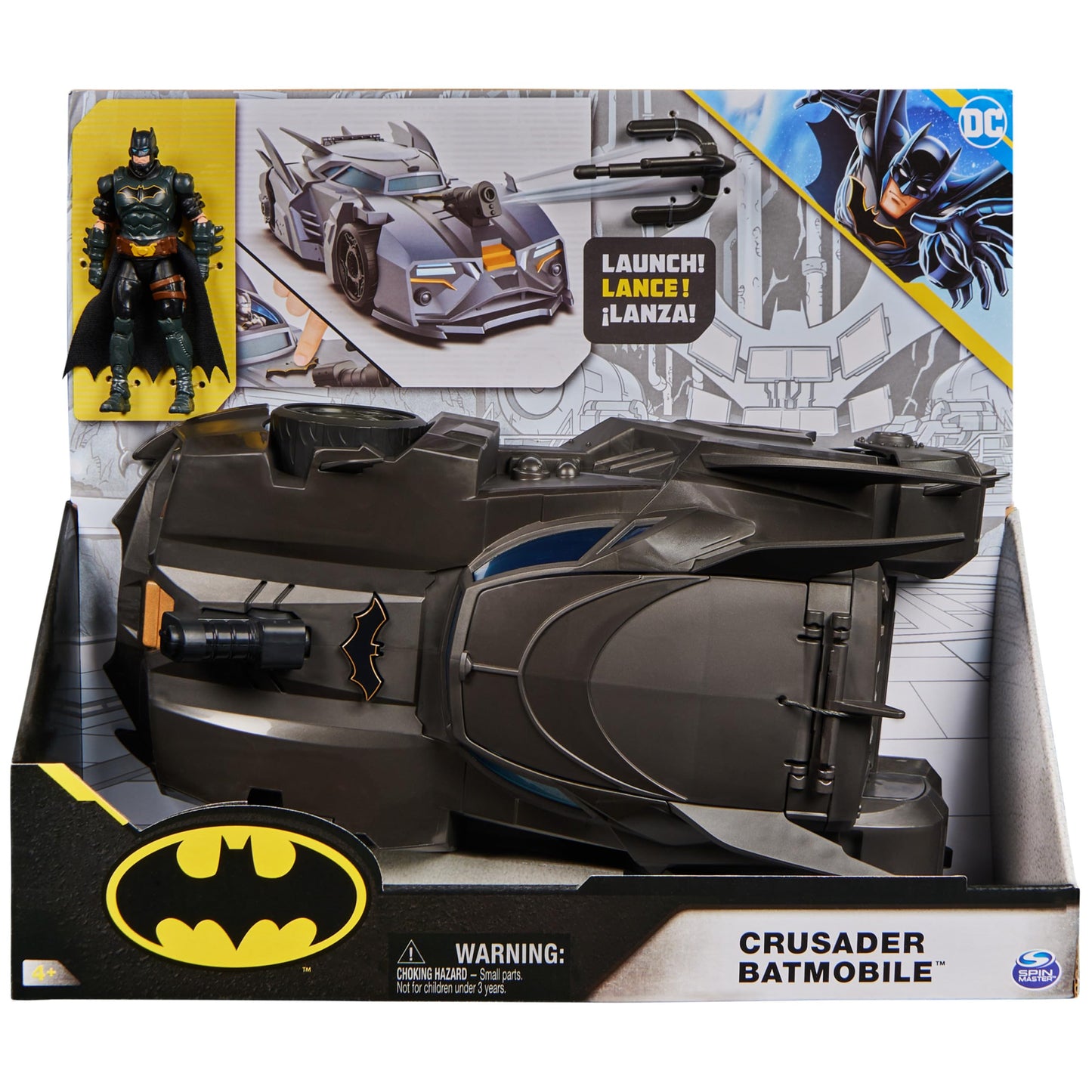 DC Comics Crusader Batmobile Playset – Includes Exclusive 4" Batman Figure & 3 Super-Villain Paper Figures, Kids Ages 4+