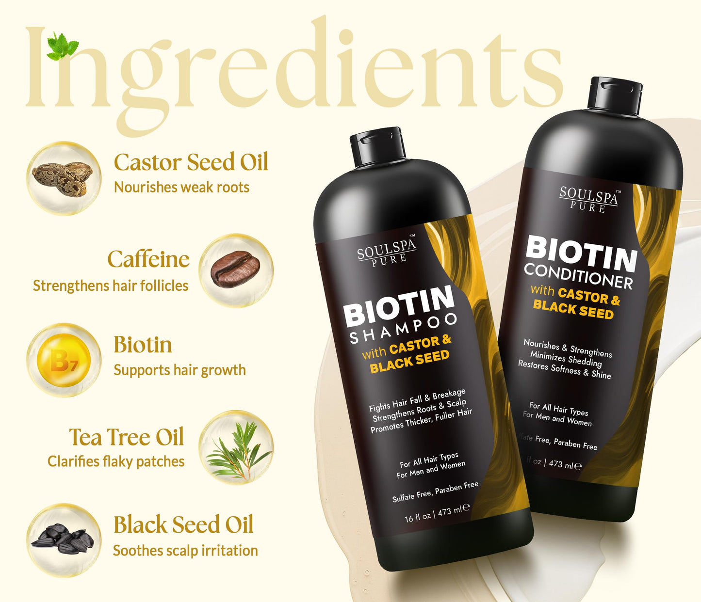 SOULSPA PURE Castor Oil & Black Seed Biotin Shampoo and Conditioner Set - Sulfate Free Nourishing Formula for Thinning Hair & Dry Scalp - Deep