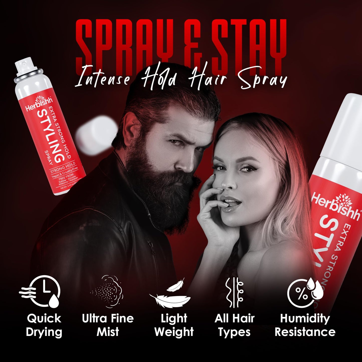 Herbishh Extra Strong Hold Styling Spray (69 g), Mini Travel Size Aerosol Mist for Fine Hair, Long Lasting & Non-Sticky, Flake-free & Quick Drying