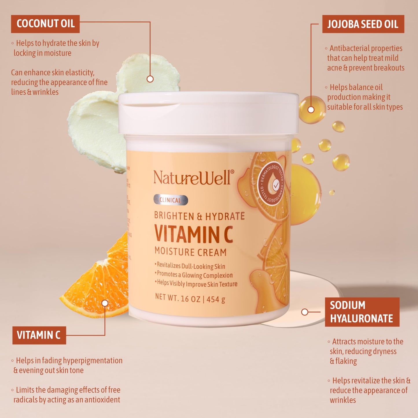 NATURE WELL Clinical Brighten & Hydrate Vitamin C Moisture Cream Skincare 2.0 for Face & Body Revitalizes Dull-Looking Skin, Promotes A Glowing