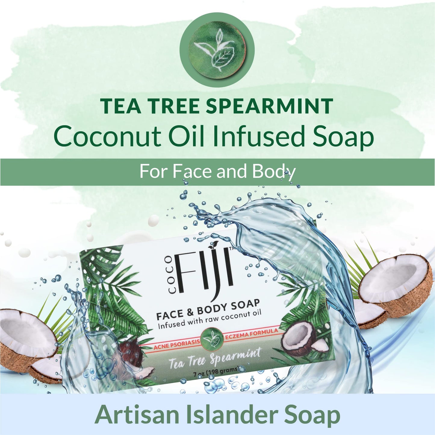 Coco Fiji Soap Bar for Face and Body Infused With Organic Coconut Oil, Tea Tree Spearmint, Essential Oil, Natural Soap for Moisturizing & Pore