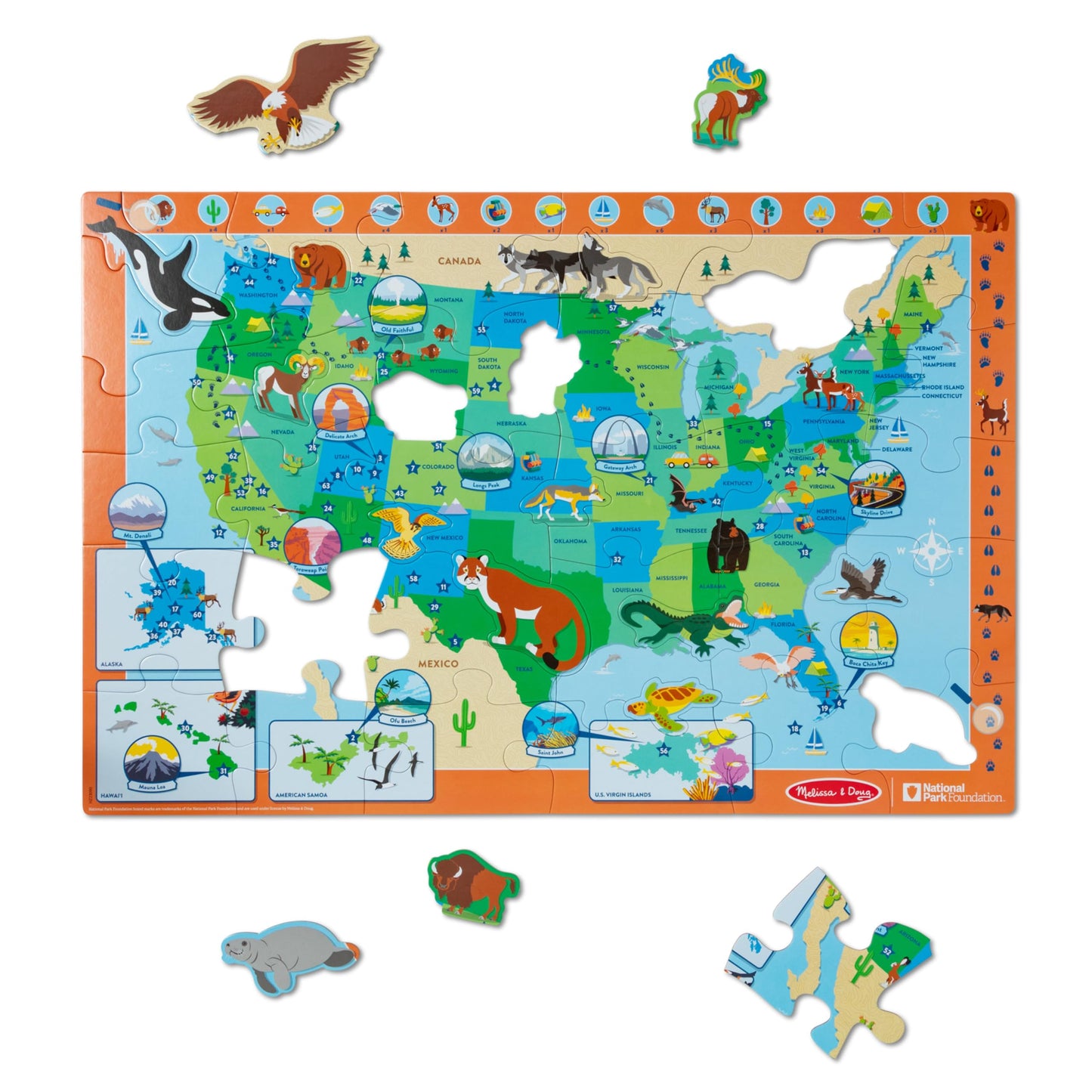 Melissa & Doug National Parks USA Map Floor Puzzle, 45 Jumbo Animal-Shaped Pieces with Search & Find Activities, Park & Animal ID Guide