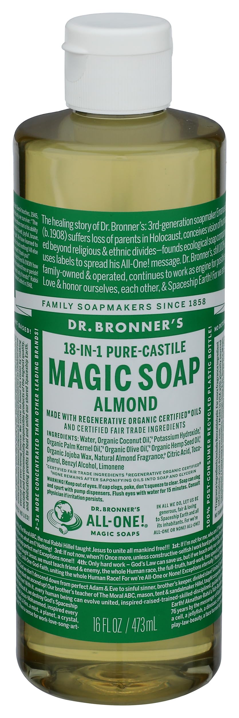 Dr. Bronner's 18-in-1 Hemp Almond Pure-Castile Liquid Soap, 1 Pound (Pack of 1).