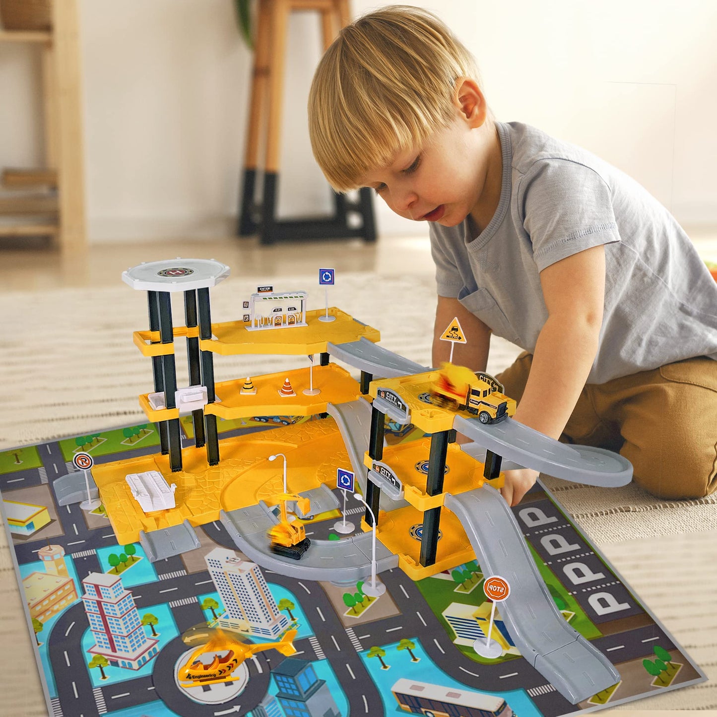 Toysical Construction Playset – Parking Garage with Vehicles, Helicopter, Figures, Road Setup & Floor Map – Construction Toys for Boys & Girls Ages 4-6