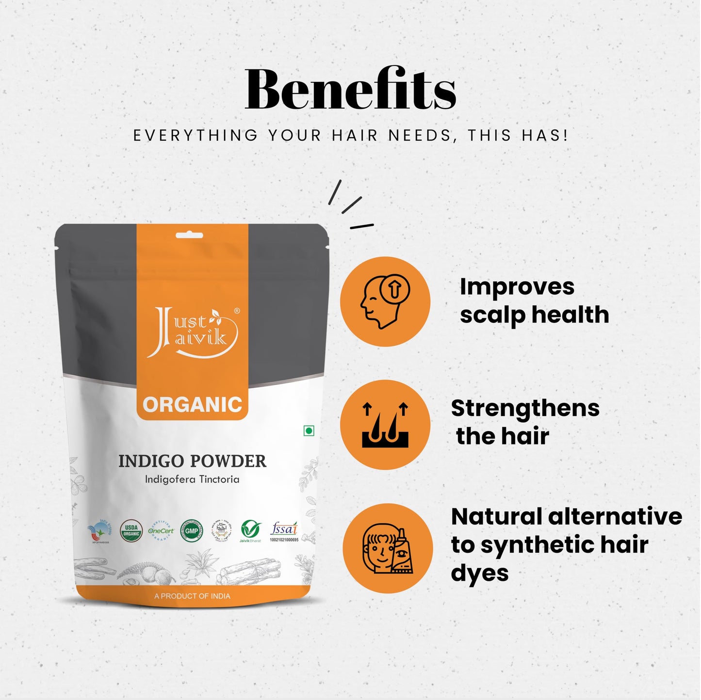 Just Jaivik 100% Organic Indigo Powder - 227 gms / 1/2 LB Pound / 08 Oz - Indigofera Tinctoria- A 100% Organic Hair Dye - Color your hair dark brown