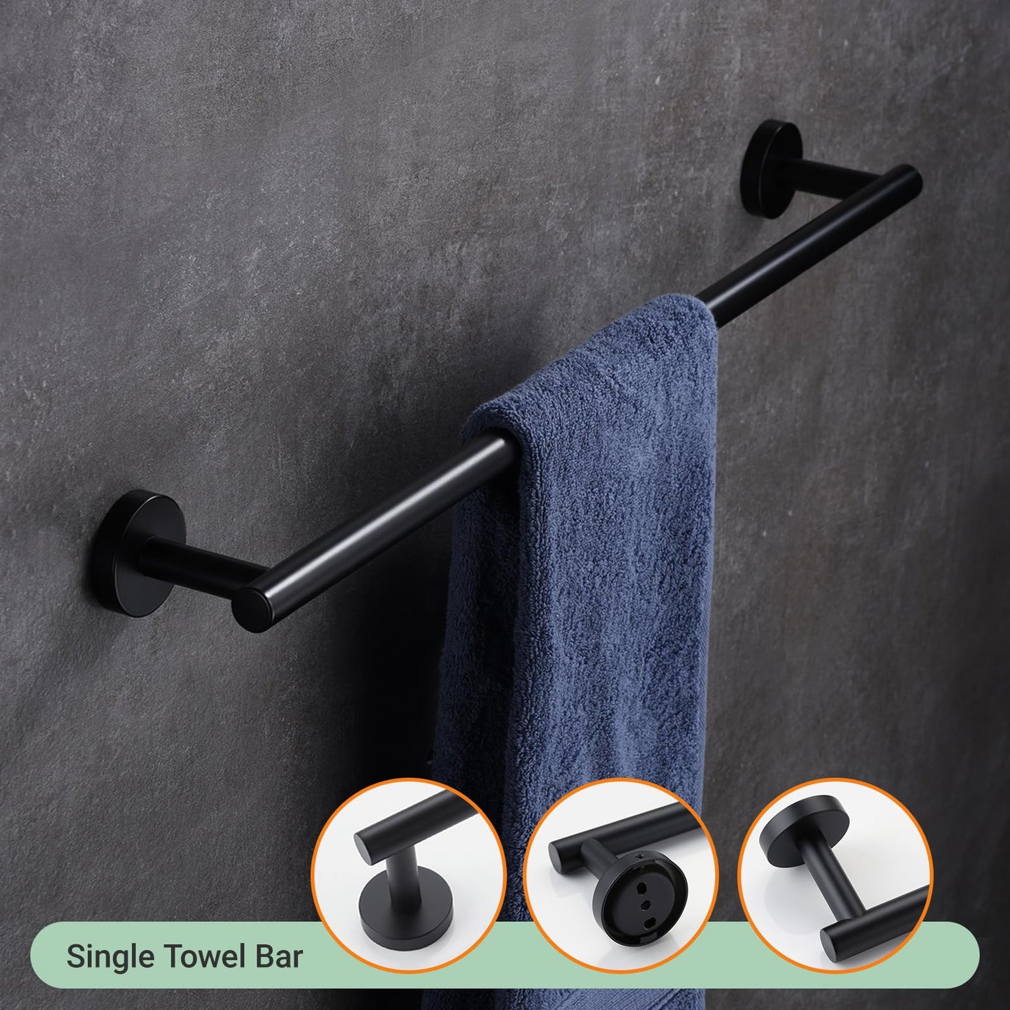Hoooh Matte Black 4-Piece Bathroom Set, Stainless Steel Wall Mount with 24" Towel Bar, Toilet Paper Holder & 2 Robe Hooks, BS100S4B-BK