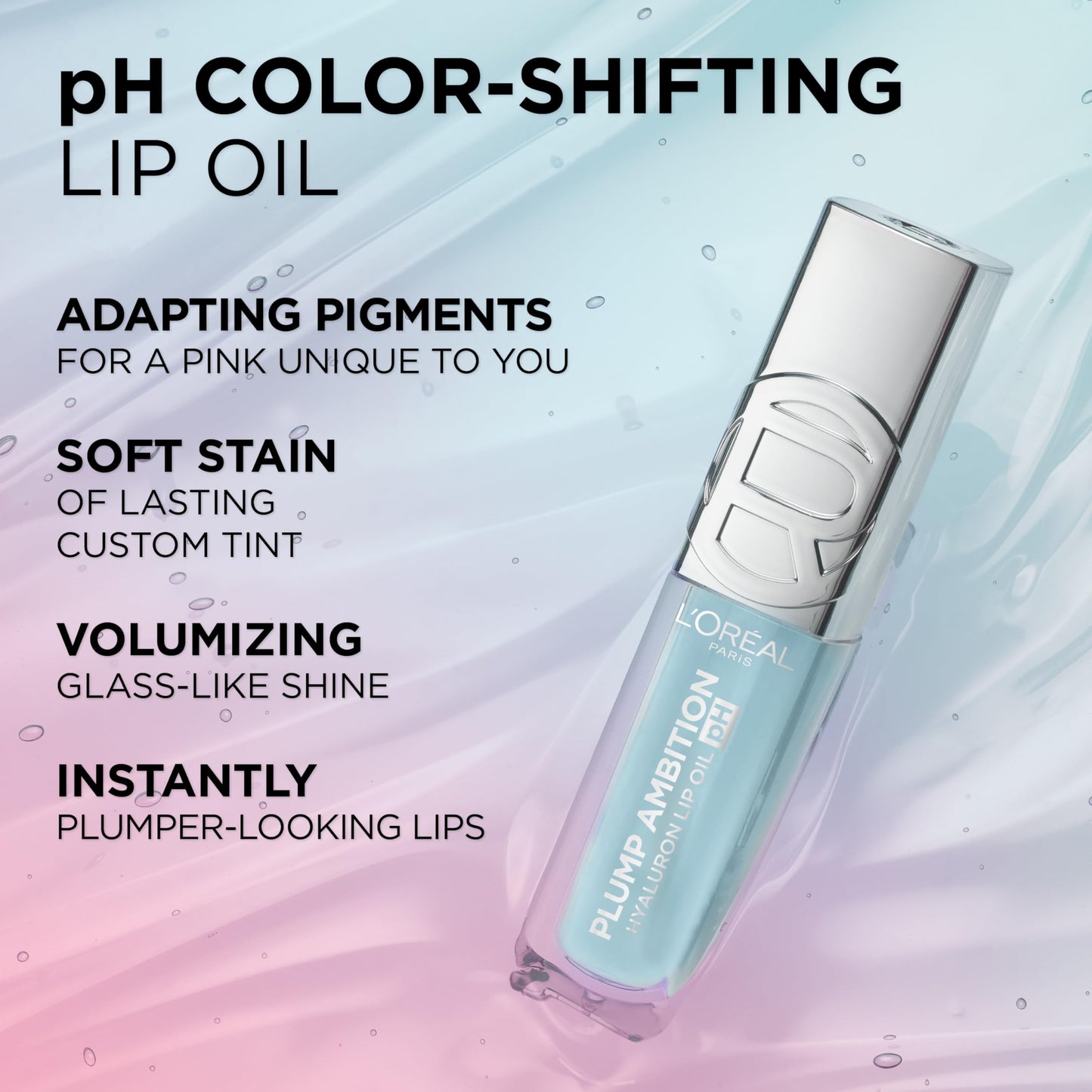 L'Oreal Paris Plump Ambition pH Hyaluron Lip Oil, Color Shifting Lip Tint with 24HR Hydration, Volumizing Shine and Lasting Color, 050 pH Lilac