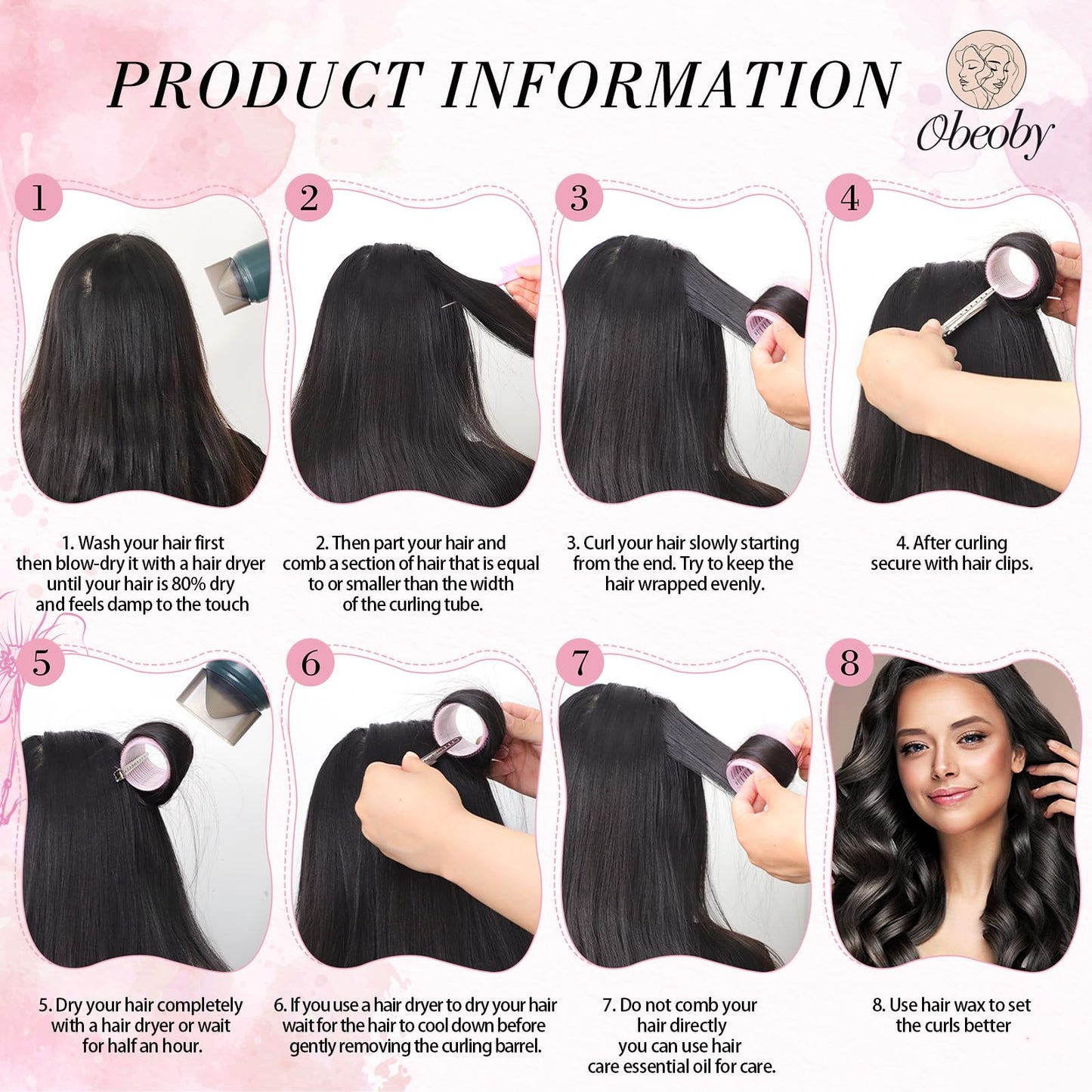 4 Sizes Self-Grip Hair Rollers Set for Long, Short Hair and Bangs - 50 Pcs with Clips (25mm, 36mm, 48mm, 60mm), Pink Beauty and Personal Care obeoby