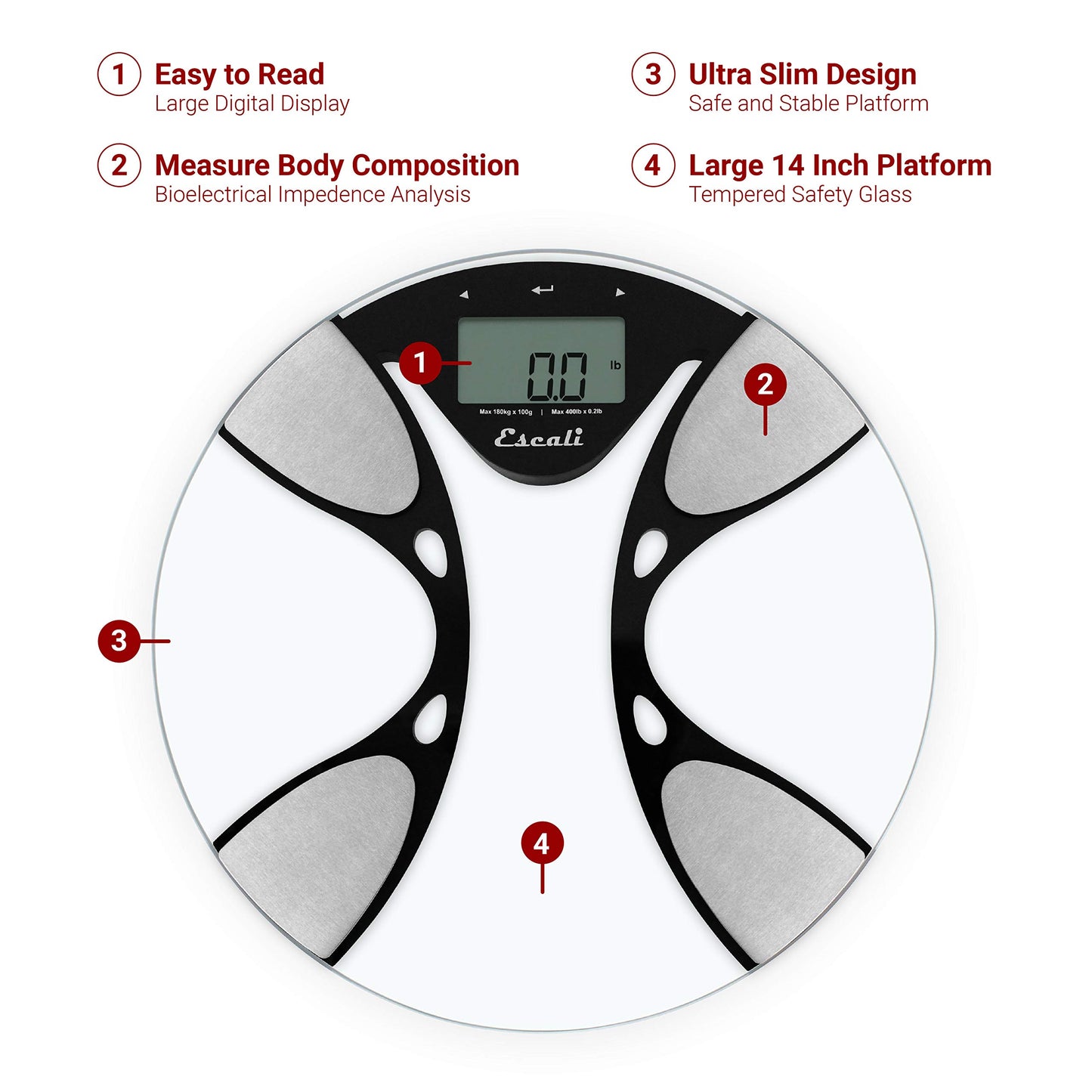 Escali Ultra Slim Body Composition Scale with Bioelectrical Impedance Analysis, Calculates Body Fat, Water, Lean Muscle and Bone Mass