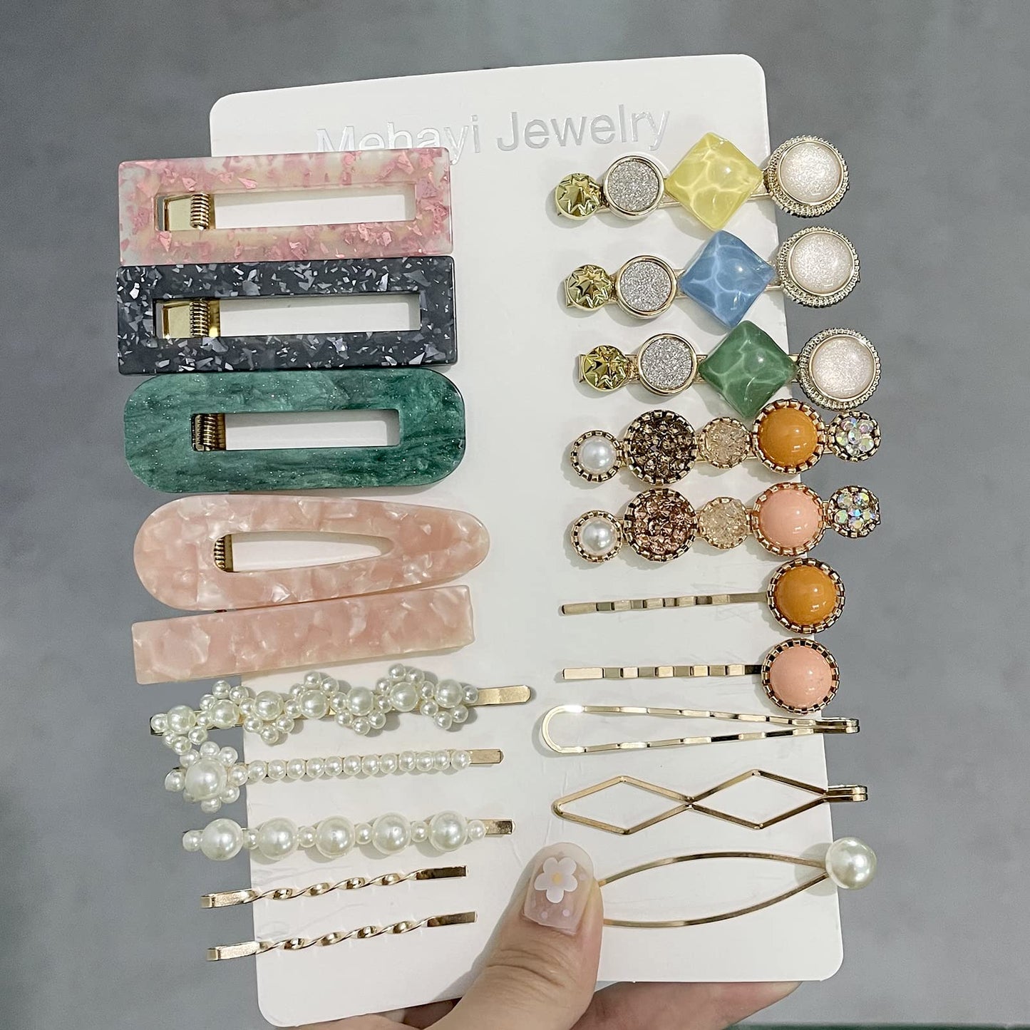 Mehayi 20 PCS Pearls and Acrylic Resin Hair Clips, Handmade Hair Barrettes, Marble Alligator bobby pins, Glitter Crystal Geometric Hairpin, Elegant