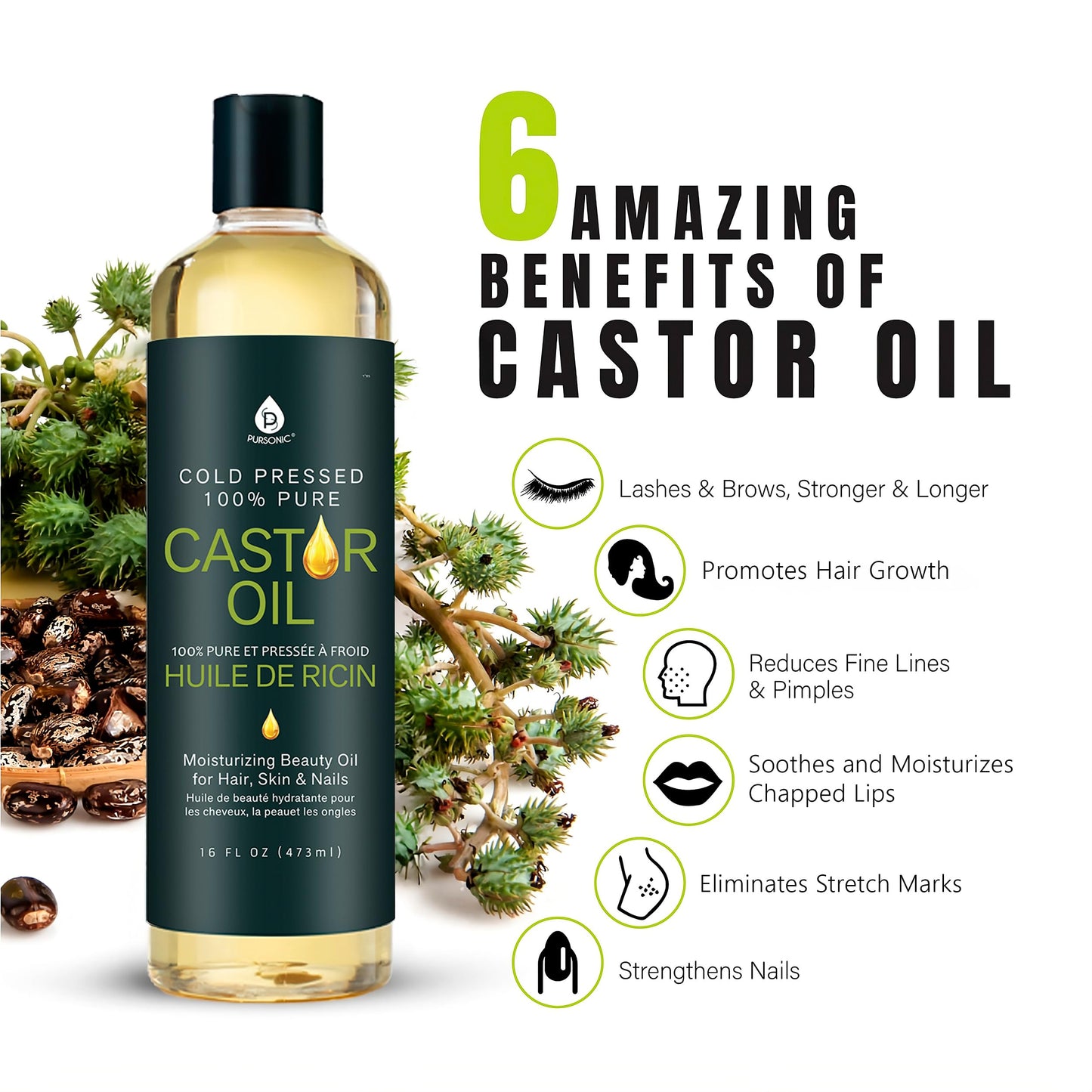 Pursonic Castor Oil (16oz) Cold-Pressed, 100% Pure, Hexane-Free Castor Oil-Moisturizing & Healing, For Dry Skin, Hair Growth - For Skin, Hair Care