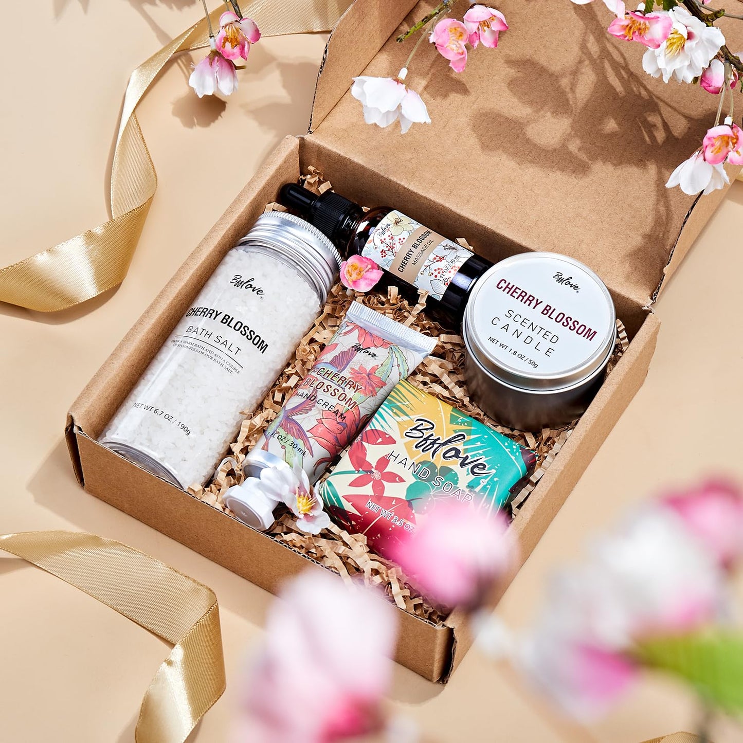 BFFLOVE Gift Set for Women - 5pcs Cherry Blossom Spa Gifts for Women, Birthday, Anniversary, Mother's Day Gifts for Her with Massage Oil, Scented