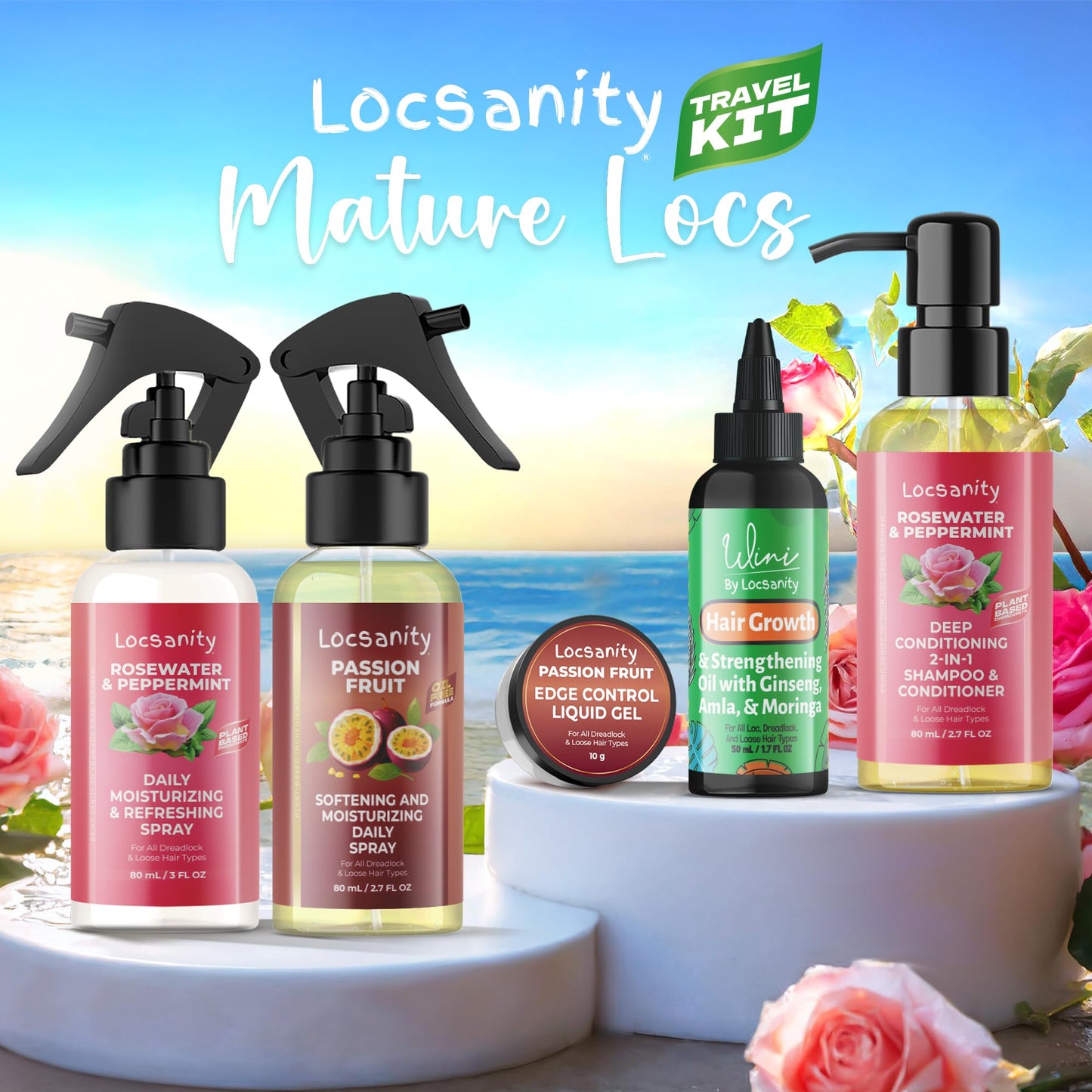 Locsanity Organic Teen Locs Essentials Kit - Moisturizing 2-in-1 Shampoo & Conditioner, Passion Fruit Spray, Hair Oil, Rosewater Peppermint Tightening