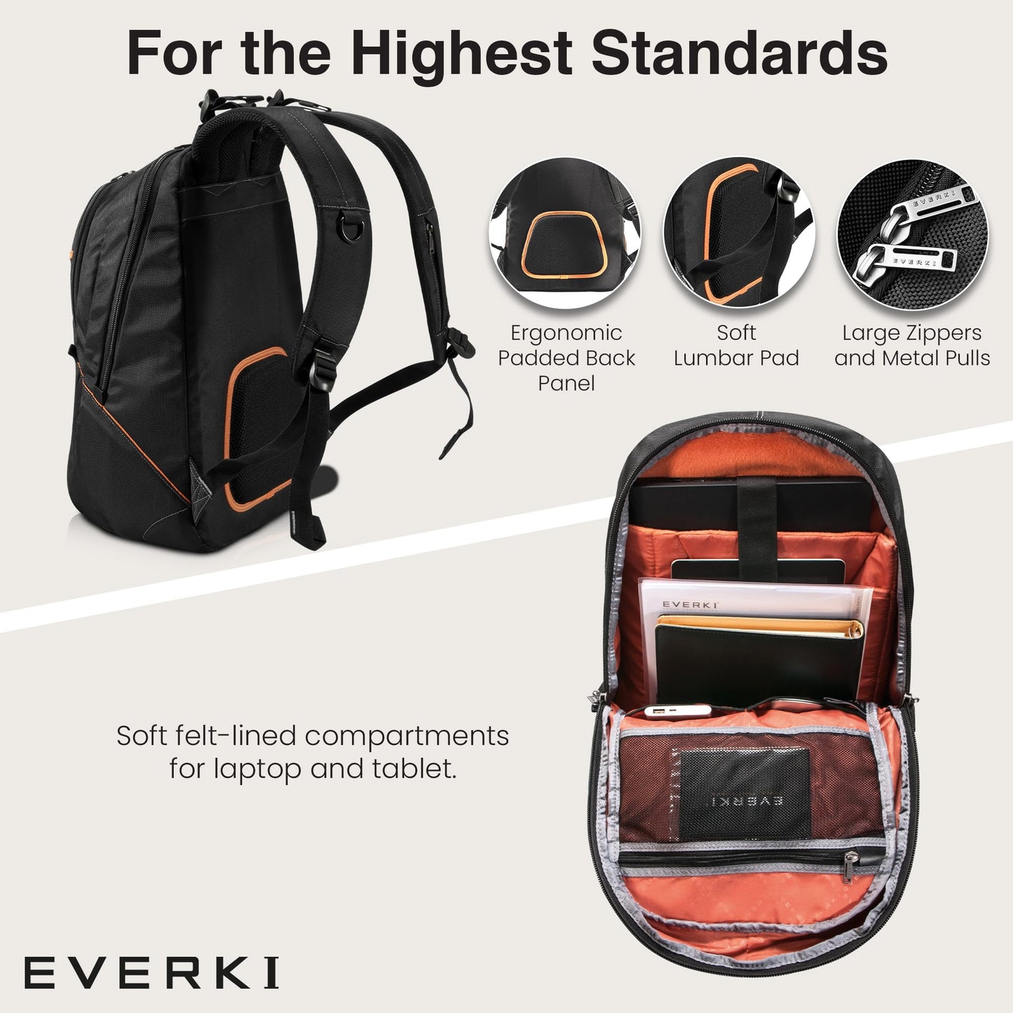 EVERKI Glide 17.3 Inch Laptop Backpack for Men & Women - Heavy-Duty, Water-Resistant Bookbag with Reflective Strips for College, Travel or Motorcycle (Black, EKP129)