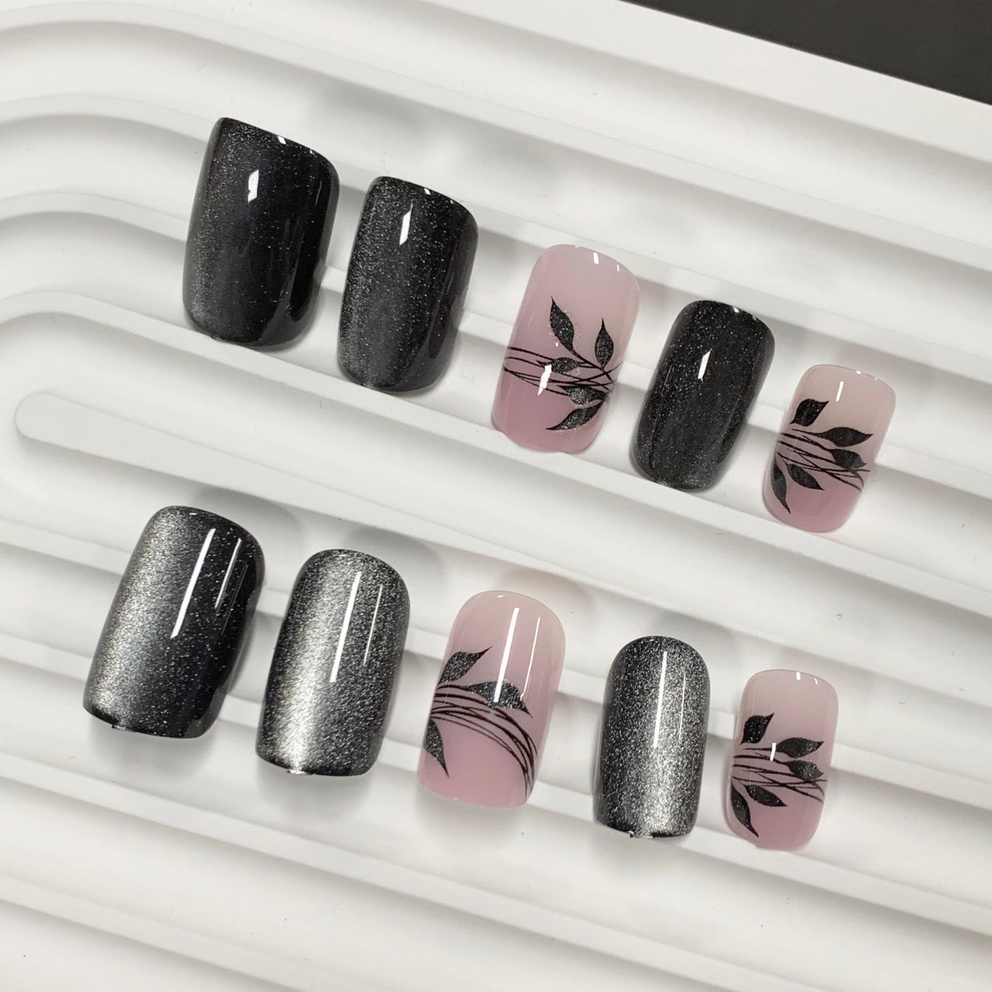 BABALAL Coffin Press on Nails Long Fake Nails Glossy Black French Glue on Nails Goth Ballerina Acrylic Nails 3d Metallic Cross Charm Designs 24pcs