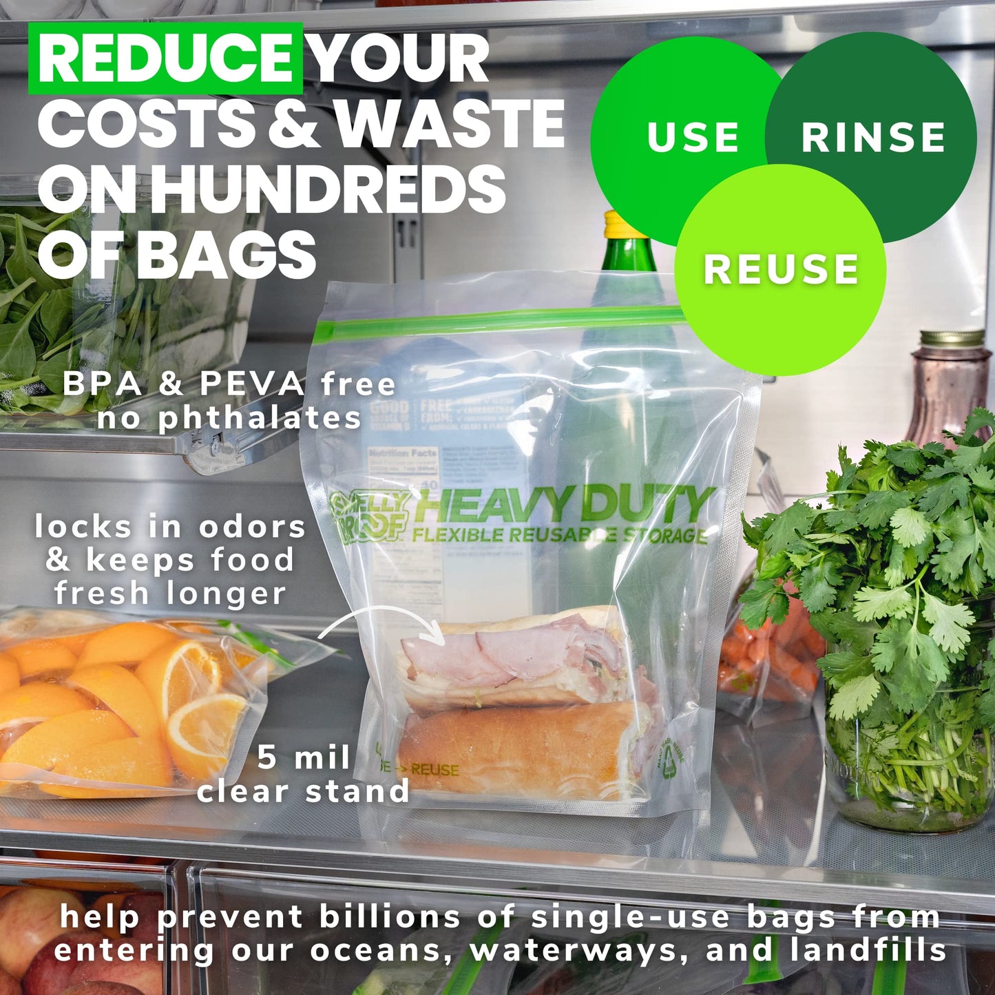 HEAVY DUTY Reusable STAND-UP Bags for Food Storage by Smelly Proof, USA Made, NO PEVA & BPA FREE, Reusable Freezer Bags, Dishwasher-Safe, Triple Zip…