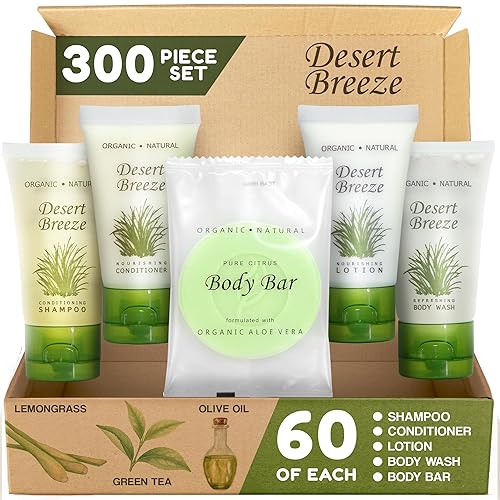 Travel Size Hotel Toiletry Set 300 Count 1 oz Bottles Guest Amenities for Vacation Rentals and Short Term Rentals Paraben Free Green Tea Lemongrass