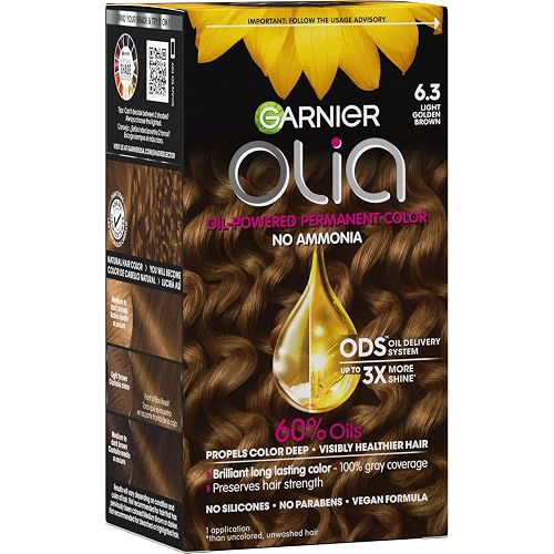 Garnier Olia Hair Color, Ammonia-Free Permanent Hair Dye, Oil-Powered Formula for 100% Gray Coverage and 3x Shinier Hair, Vegan & Cruelty Free, 6.3