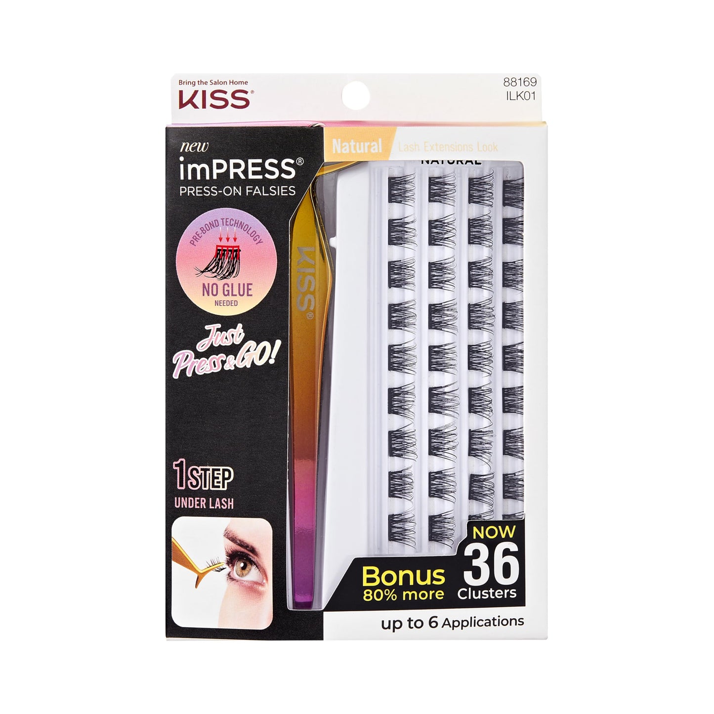 KISS imPRESS Falsies Press On Self Adhesive Eyelashes, 12mm-14mm Natural Volume Press On Lashes, Black, No Glue Needed, Invisible Band, 20 Lash