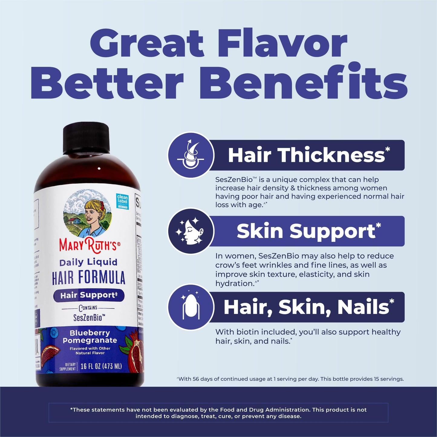 MARYRUTH'S Daily Liquid Hair Formula | With 500 mg SesZenBio™ + 2,500 mcg Biotin | Vitamin C | Thicker, Stronger Hair for Women | Hair, Skin, & Nail Beauty and Personal Care MARYRUTH'S
