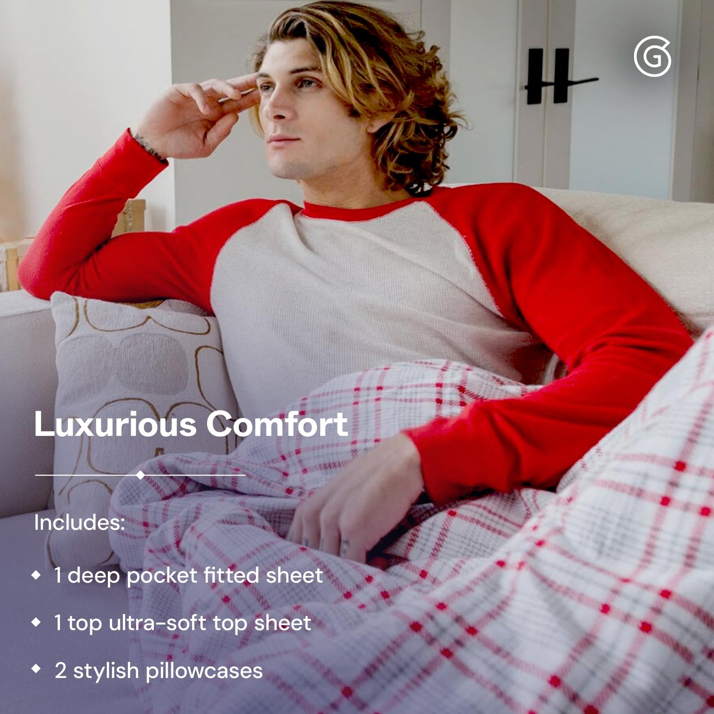 Gravity Modernist Flannel Bed Sheet Set, King (Red Plaid) - 100% Cotton Plaid Bedsheets - Includes Deep Pocket Fitted Sheet, Top Sheet & Pillowcases -