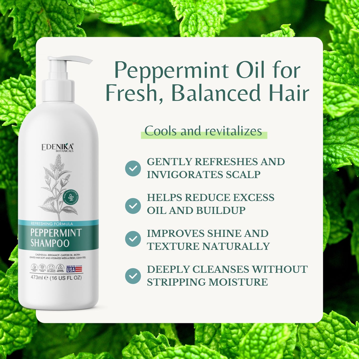 Peppermint Shampoo with Castor Oil & Biotin, Soothes Dry, Itchy Scalp, Strengthens Hair, Reduces Thinning & Hair Loss, Promotes Growth, Adds Volume