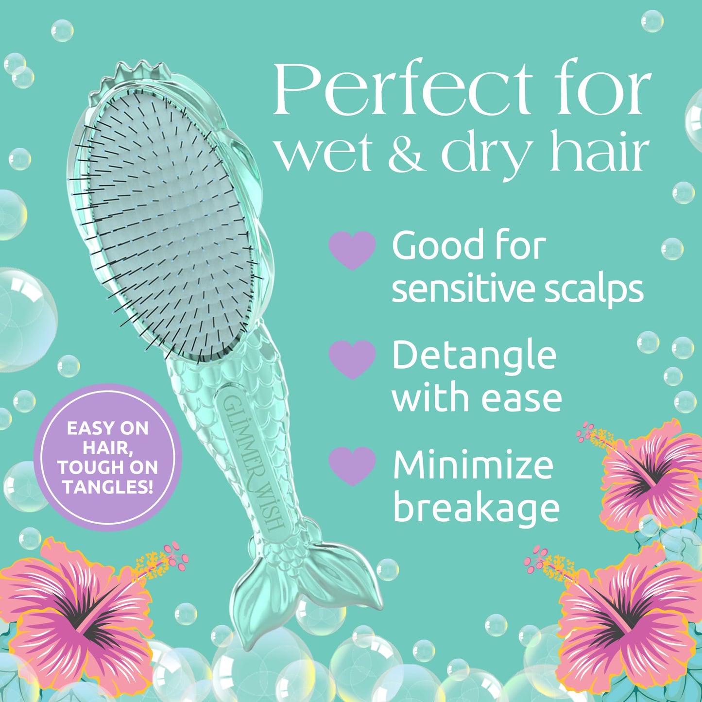Glimmer Wish Mermaid Detangling Hair Brush for Kids - Anti Frizz and Anti Static - Soft and Long Bristles to Detangle With Ease - Gentle on Hair Kids