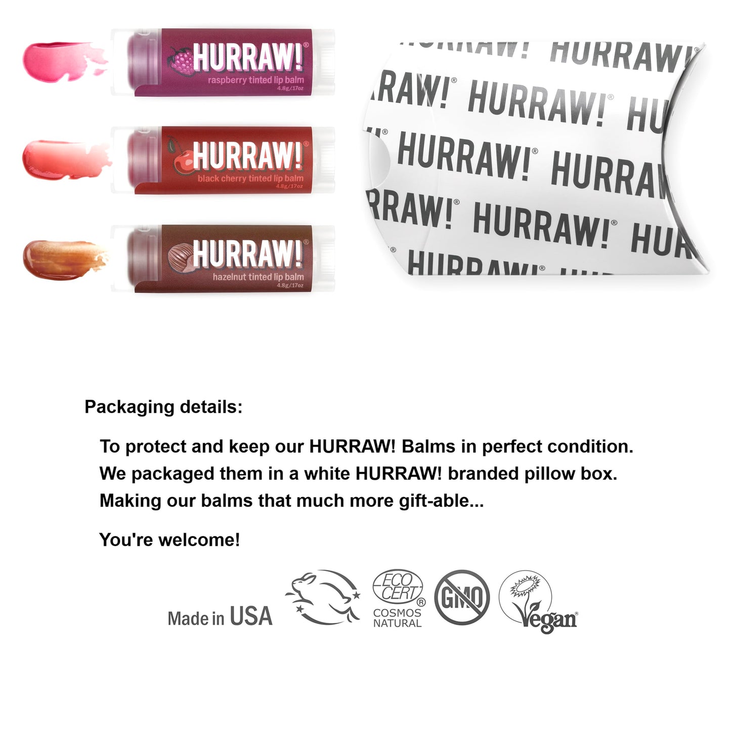 Hurraw! Raspberry Tinted, Black Cherry Tinted, Hazelnut Tinted Lip Balms, 3 Pack Bundle: Organic, Vegan, Cruelty & Gluten Free. Non-GMO, 100% Natural.