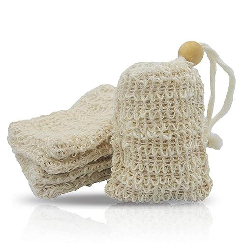 Bleu Bath (5 Pack) Mini Size Natural Exfoliating Loofah Pouch Sisal Ramie Soap Saver Bag Soap Lather Scrubber with Drawstring and Wooden Bead Holder